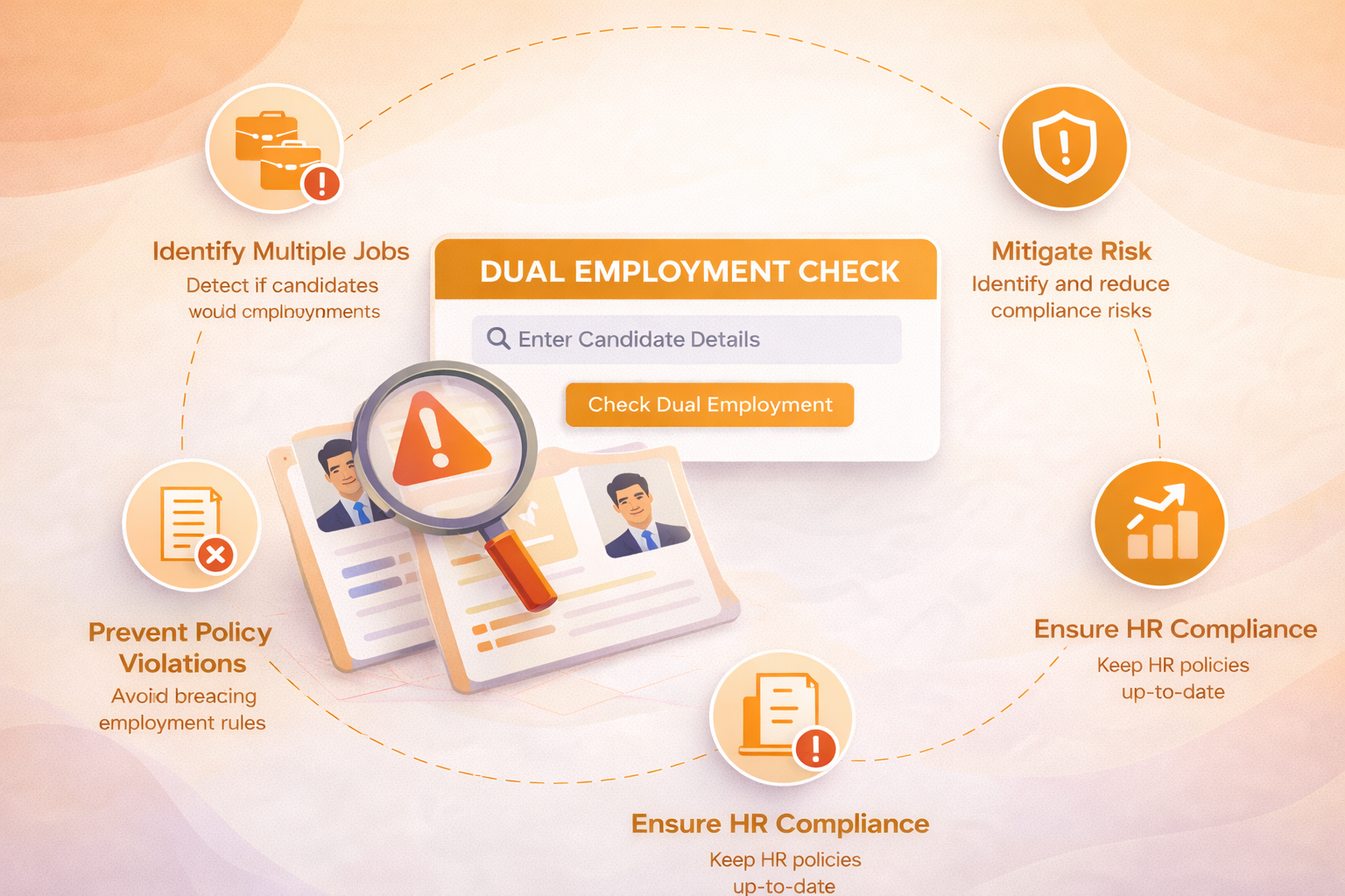 Dual Employment Detection Flow showing employee data, EPFO query, conflict analysis, competitor check, and risk assessment